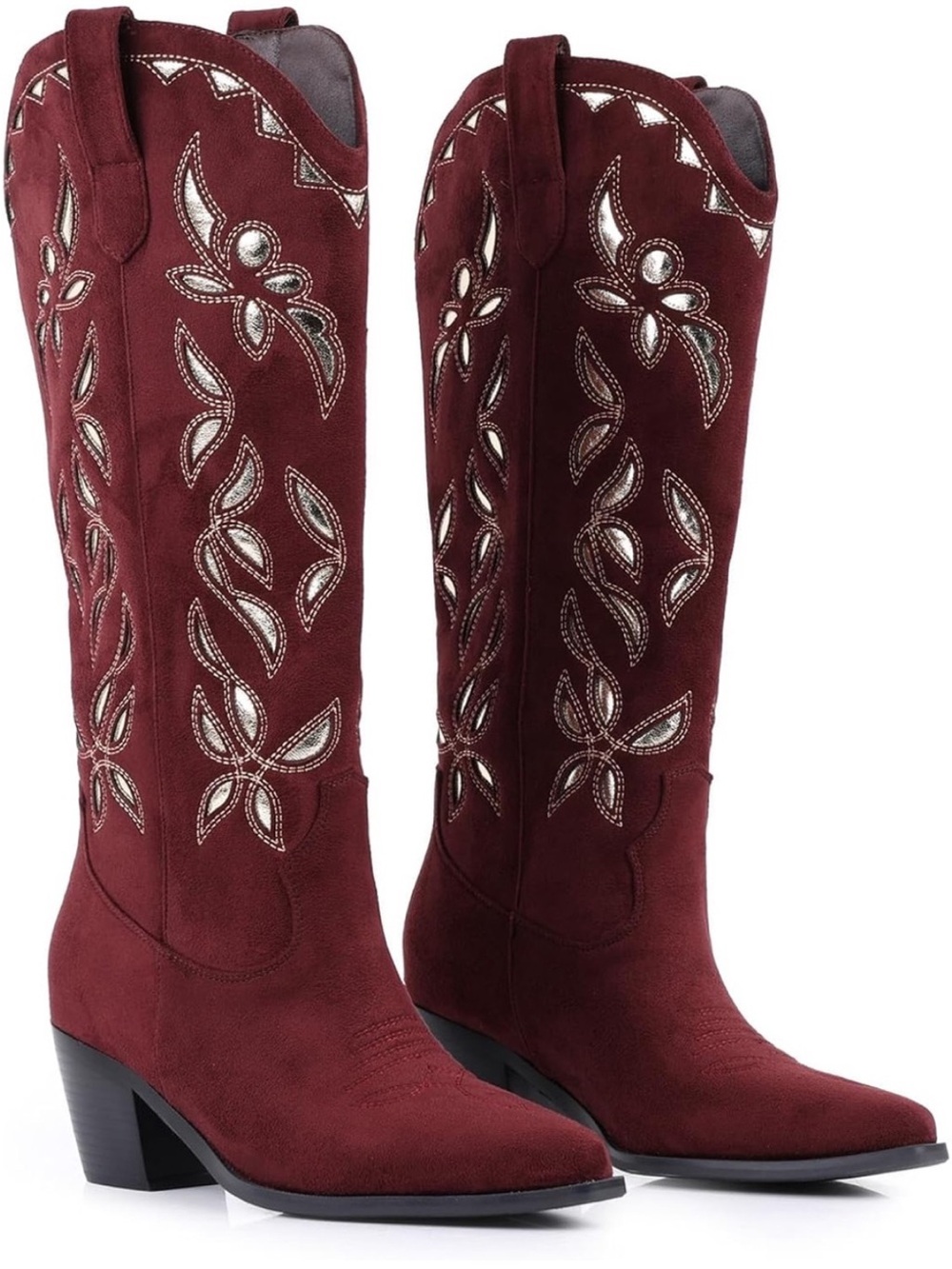 Western Embroidered Tall Boots in Burgundy